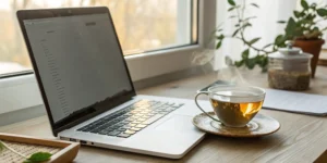 A laptop on a desk with a cup of tea, for ordering a BRCA test online.
