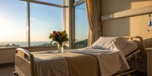 A hospital room for a patient after lung cancer surgery, a factor in the survival rate.