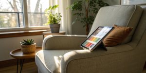 A tablet on a chair displaying a free cancer symptom tracker app.