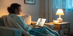 Woman finds support in an online cancer group chat using her laptop at home.