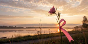 A pink ribbon on a flower, a symbol of hope for breast cancer treatment options by stage.