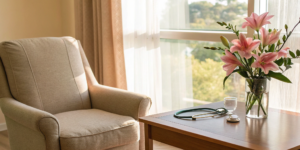 A calm, sunlit space for discussing the steps of breast cancer treatment.