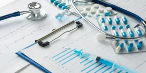 Medical tools and charts for a guide to genetic testing for NSCLC treatment options.