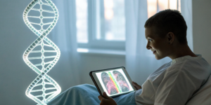 A DNA strand and lung scan on a tablet for genomic testing to guide lung cancer therapy.