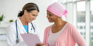 A woman discusses her breast cancer diagnosis, a key moment in finding out stories.