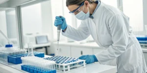 A scientist in a lab performs genetic testing for cancer by preparing a DNA sample.