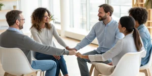A diverse group of people smiling and holding hands in a circle at a cancer support group meeting.