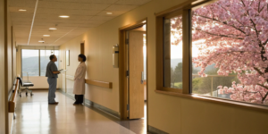 Two doctors in a hospital hallway discussing how to find clinical trials for breast cancer.