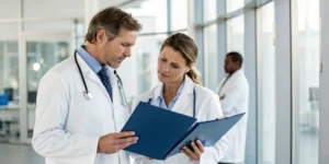 Doctors discussing new treatments for stage 3 breast cancer while reviewing patient files.