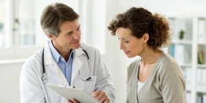 A patient understanding their stage 3 breast cancer treatment options with a doctor.