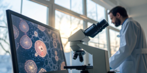 A microscope and computer screen showing genetic markers for uterine cancer.