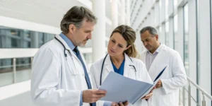 Doctors discussing clinical trial options for stage 4 lung cancer.