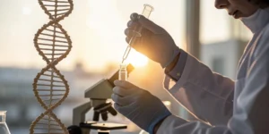 Scientist using genomic testing to find personalized lung cancer treatment options.