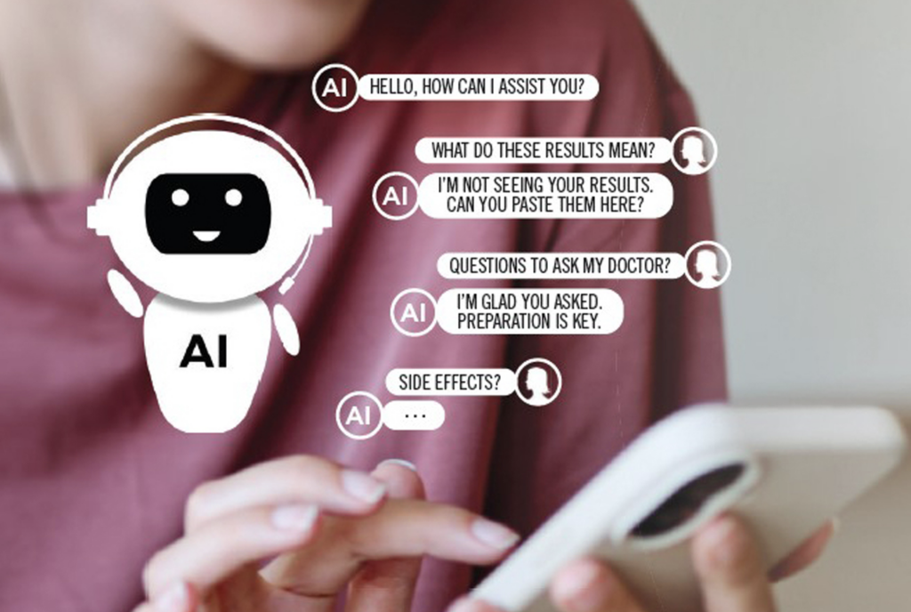 AI imagery and text over an image of a woman holding a phone