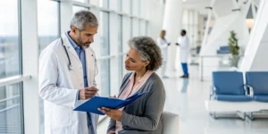 Doctor and patient discussing how to get into a clinical trial for lung cancer.