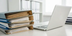 A laptop and folders on a desk for organizing cancer appointments and records.