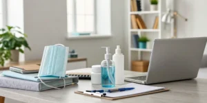 A desk with medication and a laptop for how to manage chemotherapy side effects at home.