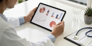 Doctor reading a pathology report on a tablet to understand a patient's diagnosis.