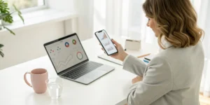 Woman tracking breast cancer symptoms on her phone and laptop.