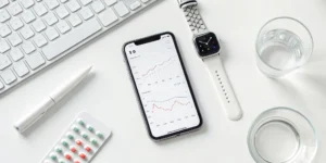 A desk setup with a smartphone app and pen used to track cancer symptoms and treatment side effects.