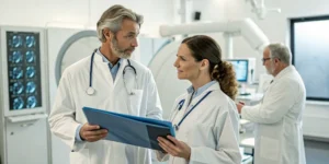 Doctors discussing newest treatments for triple-negative breast cancer.