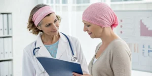 Doctor helping a patient understand genetic test results for breast cancer.