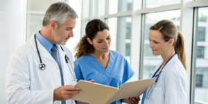 Medical team reviewing NCCN guidelines for a breast cancer treatment plan.