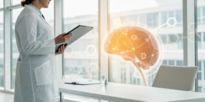 Doctor reviewing liver cancer prognosis with a digital liver graphic.