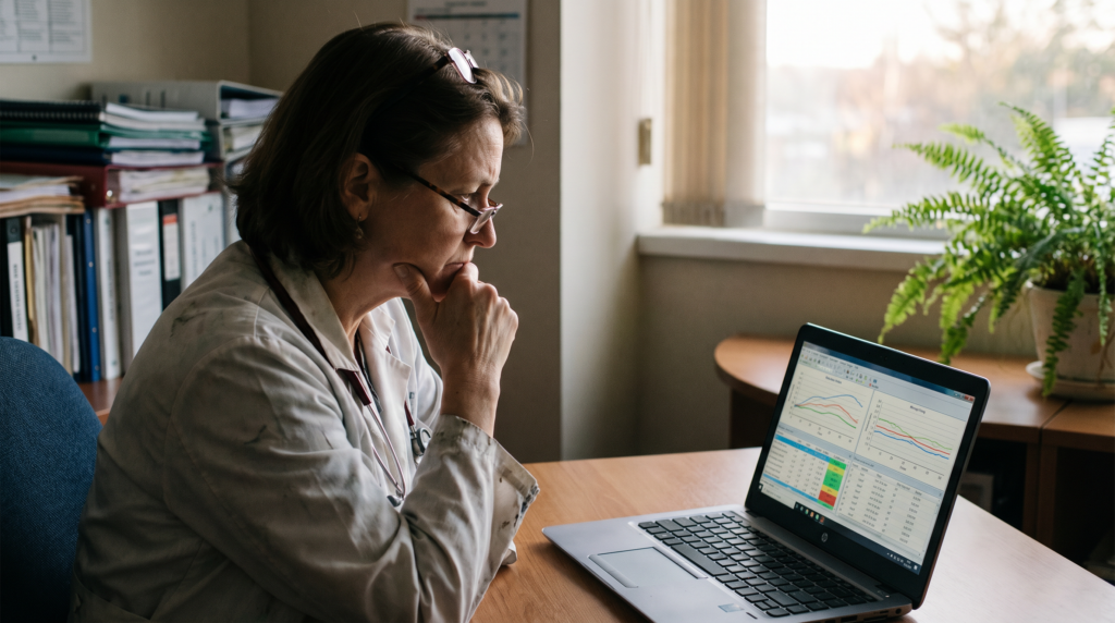 woman looking at data on her laptopn at a table