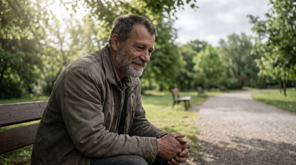 older man sitting on a bench in a park