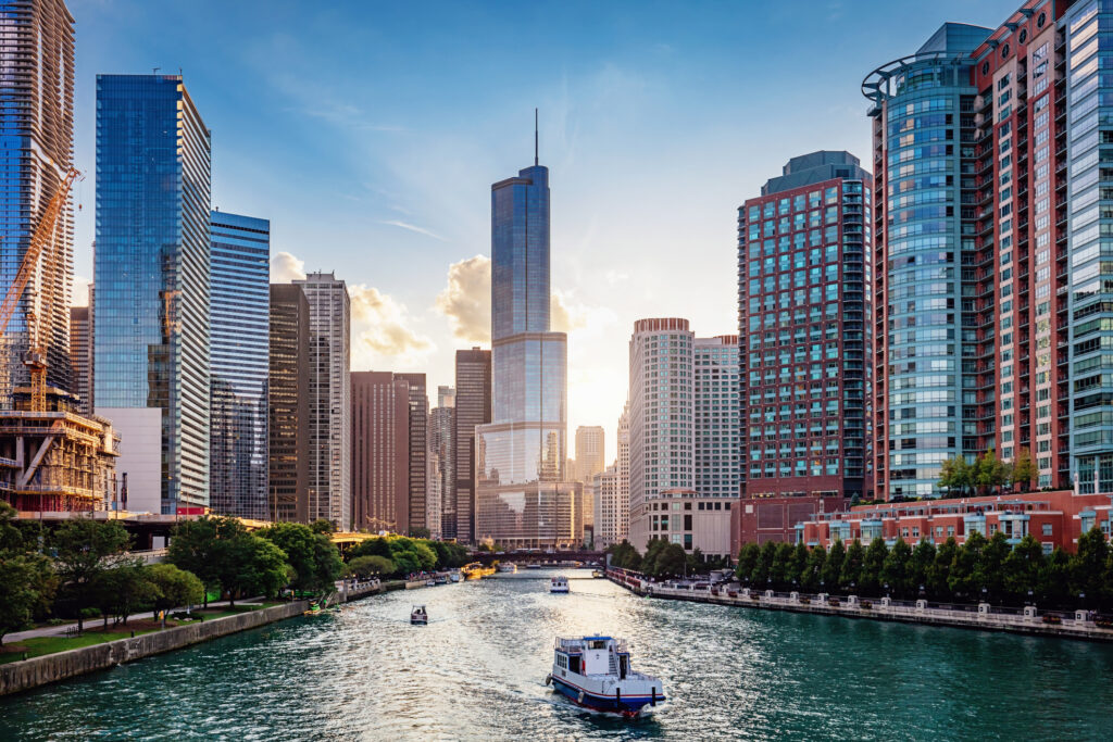 Chicago Cityscape from Chicago River Waterfront at Dusk