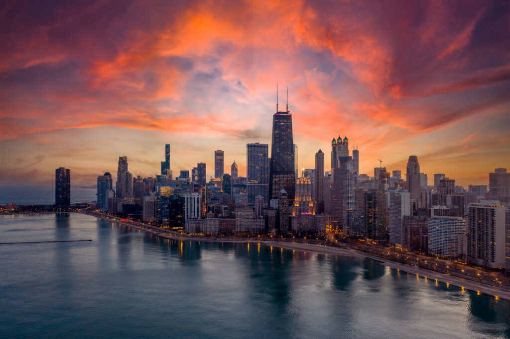 Aerial View of Chicago cityscape along Lake Shore Drive at dusk