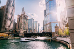 Tour Boat Passing under the DuSable Michigan Avenue Bridge on the Chicago River