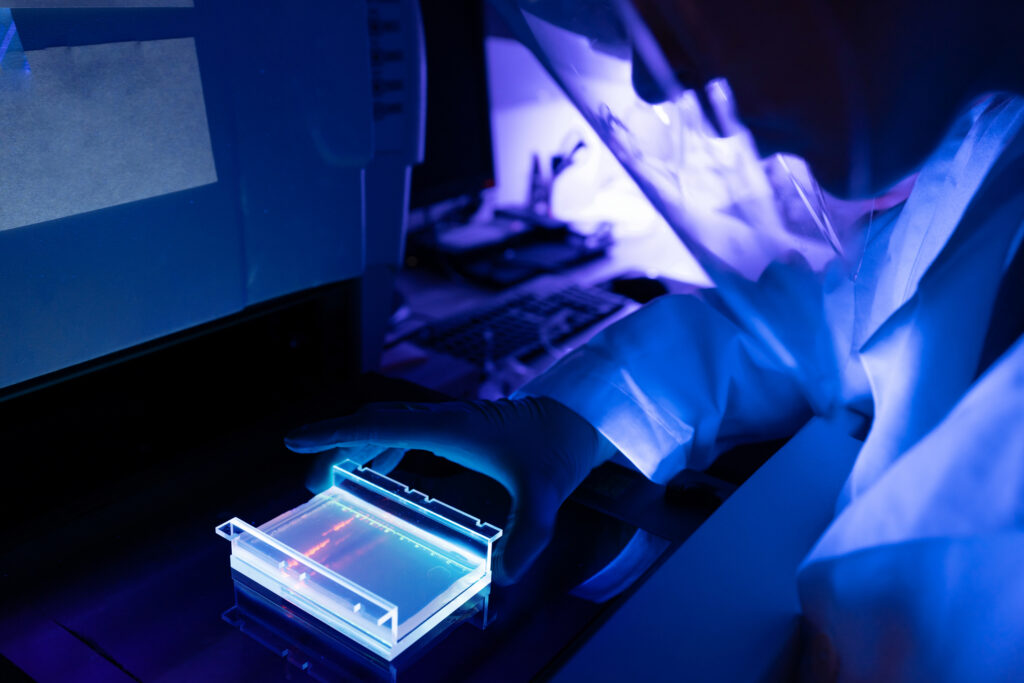 Researcher at work in DNA genetic laboratory