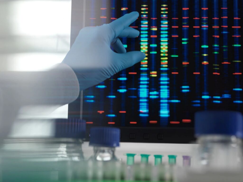 A scientist analyzes a dna sequencing printout displayed on a computer screen