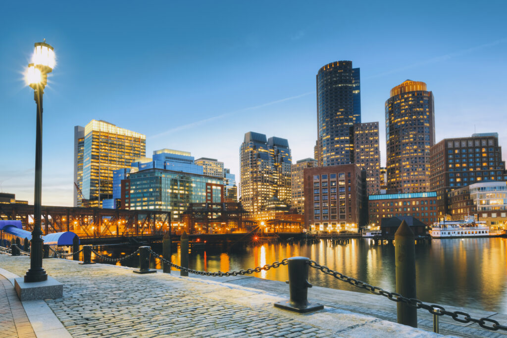 Rowe's wharf marina during sunset in Boston, MA USA